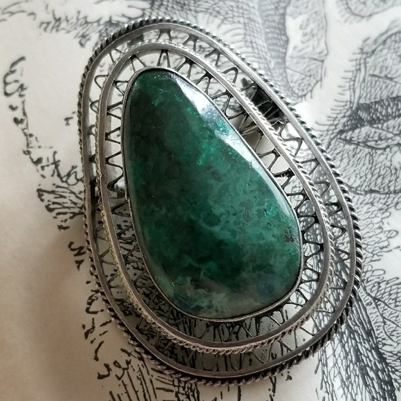 Relisted -Vintage Eilat stone brooch pin silver filigree Israel - Picture 2 of 7